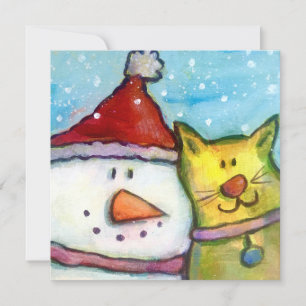 Tarjeta de vacaciones Snowman and Cat