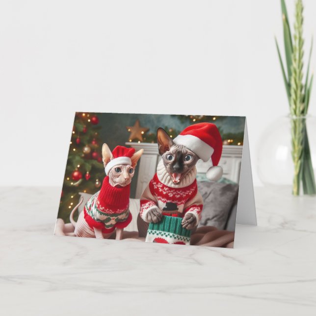 Tarjeta de vacaciones Sphynx Kittens Funny Navidad (Anverso)