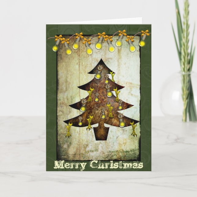 Tarjeta de vacaciones Steampunk Christmas Tree (Anverso)