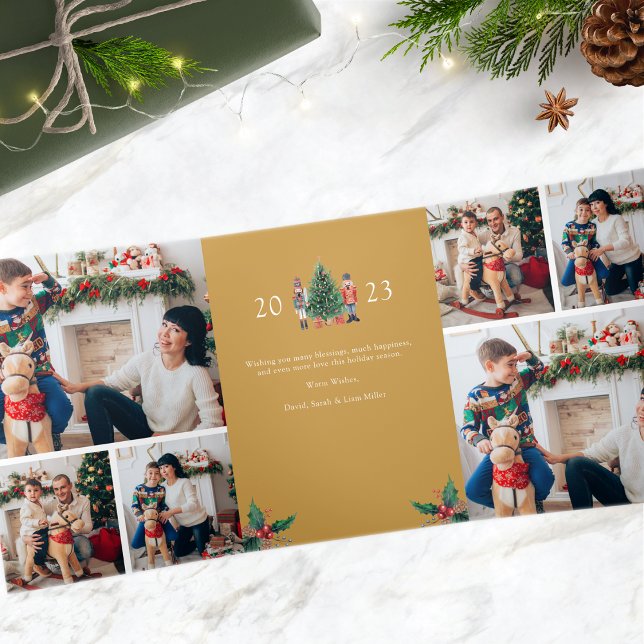 Tarjeta de vacaciones triple de fotos de oro (2023 Nutcracker Gold Photo Collage Trifold Holiday Card)