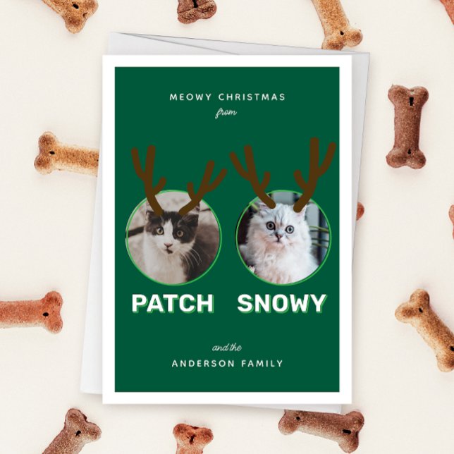Tarjeta de vacaciones Verde 2 Mascota Foto Meowy N (Green folded two photo pet Christmas holiday card with message "Meowy Holidays" with antlers)