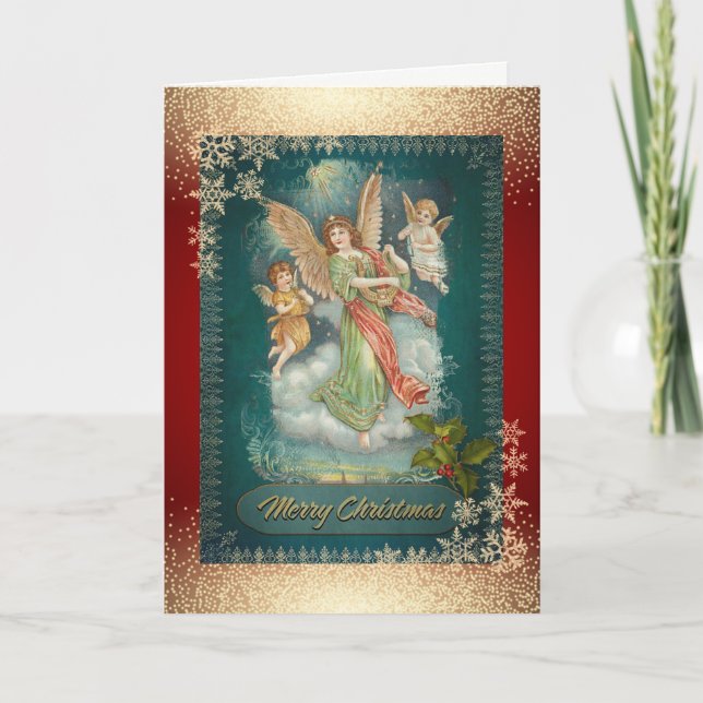 Tarjeta de vacaciones Vintage Angels Snowflakes (Anverso)