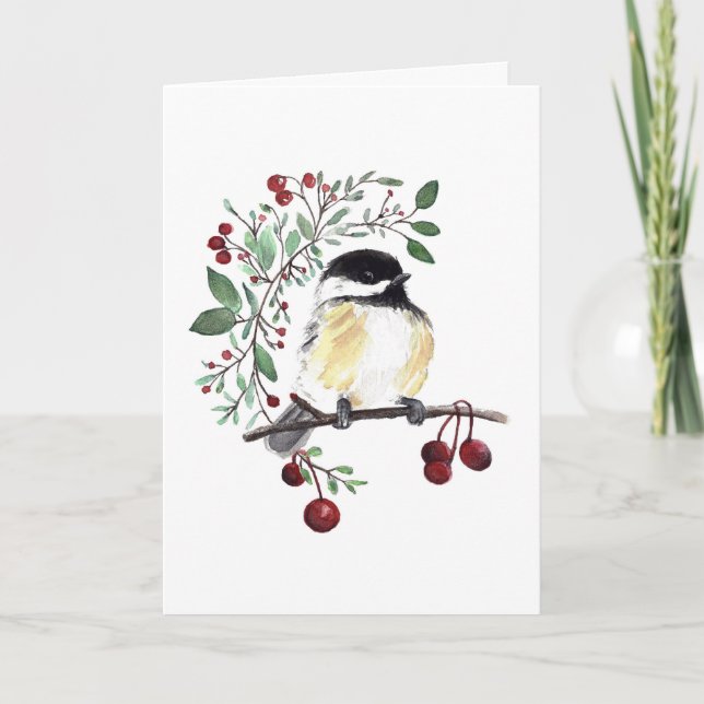 Tarjeta de vacaciones Winter Chickadee Bird Berrie (Anverso)