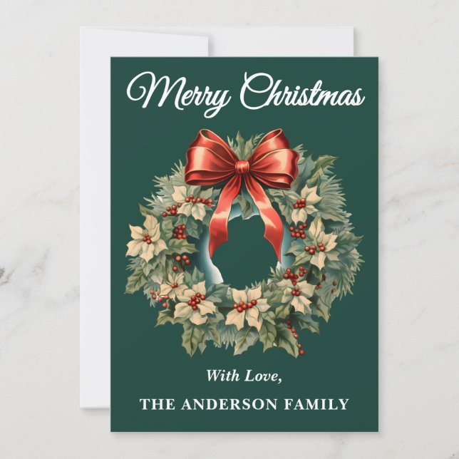 Tarjeta de vacaciones Wreath de Green Holly Berry  (Anverso)
