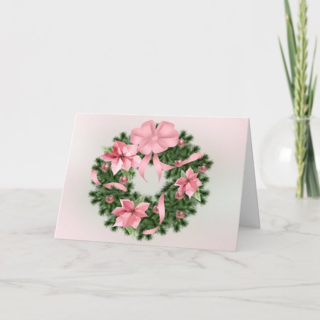 Tarjeta de vacaciones Wreath de Poinsetta Rosa (Anverso)