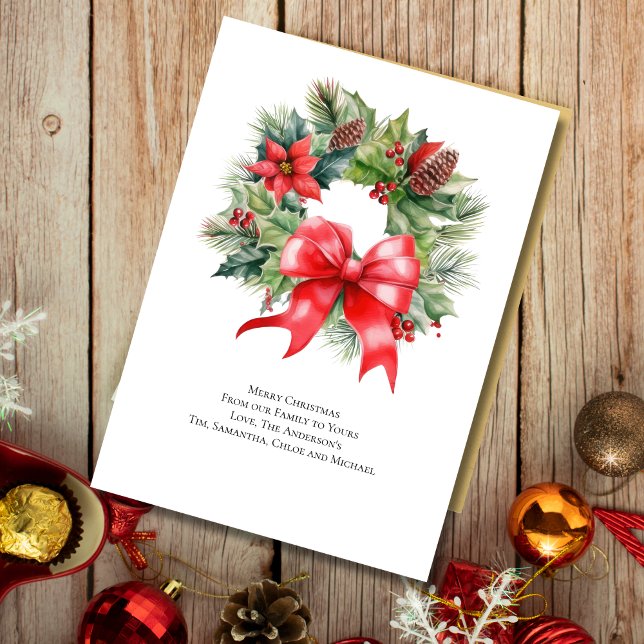 Tarjeta de vacaciones Wreath Red Bow Holly para na (Christmas Wreath with Poinsettia Holly and Pine Cones Christmas Holiday card)