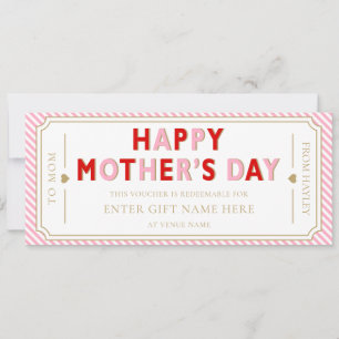 Tarjeta de vale de regalo del día de la madre rosa
