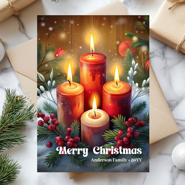Tarjeta de vela de Navidad caprichosa con corona d (Whimsical Christmas candle rustic pine wreath card)
