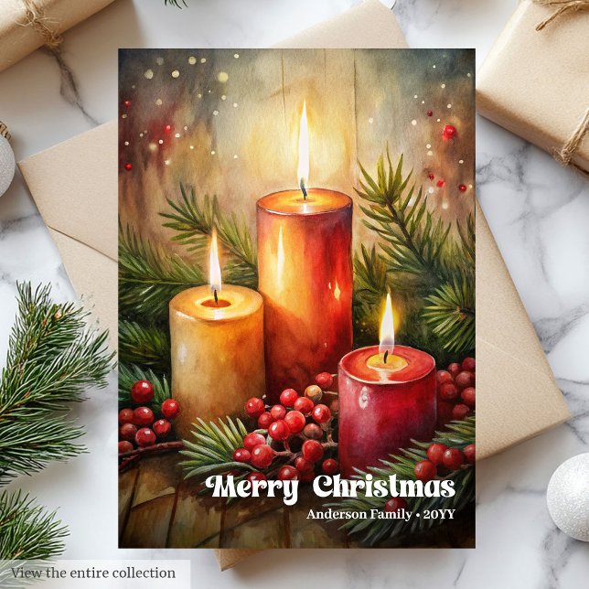 Tarjeta de velas rojas de Navidad tradicional coro (Traditional Christmas bells card pine wreath accent

)