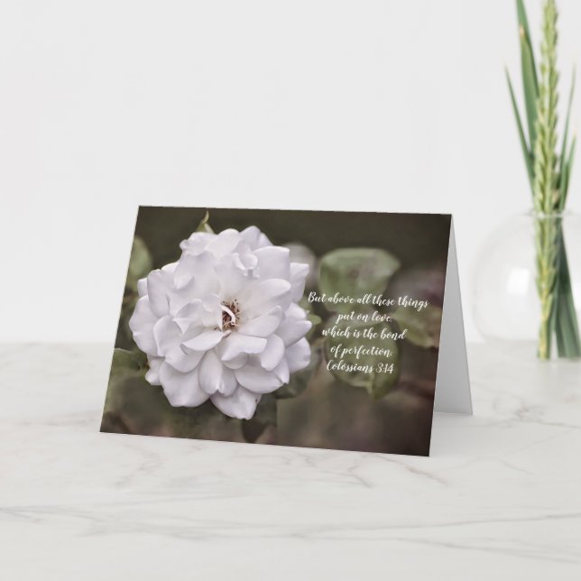 Tarjeta de verso bíblico de amor de rosa blanca (Anverso)