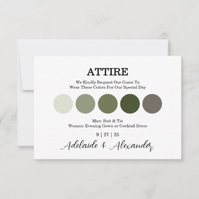 Tarjeta de vestimenta de boda verde bosque rústico (Anverso)