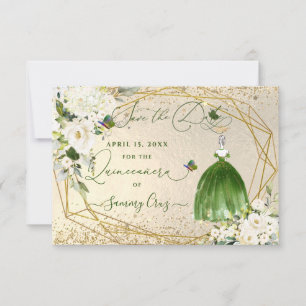Tarjeta de vestir verde esmeralda Quinceanera de P
