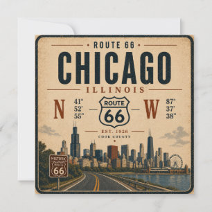 Tarjeta de viaje retro de la ruta 66 de Chicago