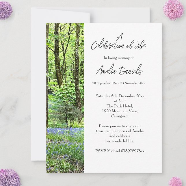 Tarjeta de vida para la celebración de la madera a (Woodland burial Celebration of Life Cards)