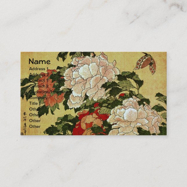 Tarjeta De Visita 北 斎 Hokusai Peonies y Butterflies Bella Artes (Anverso)