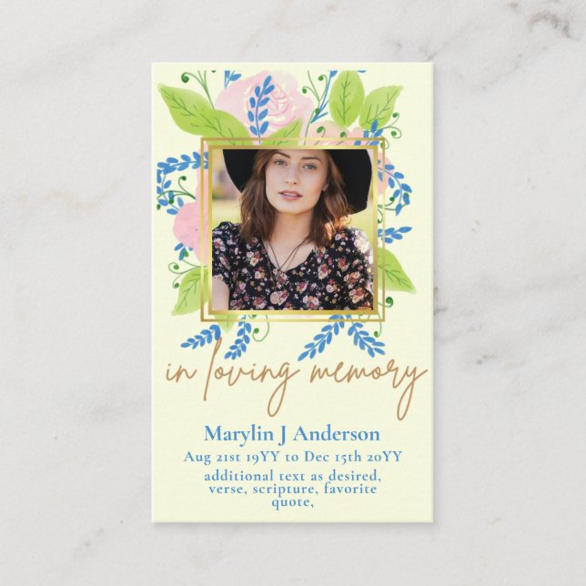 Tarjeta De Visita 100 Bonitos Floral Prayer Funeral Memorial FOTO (Anverso)
