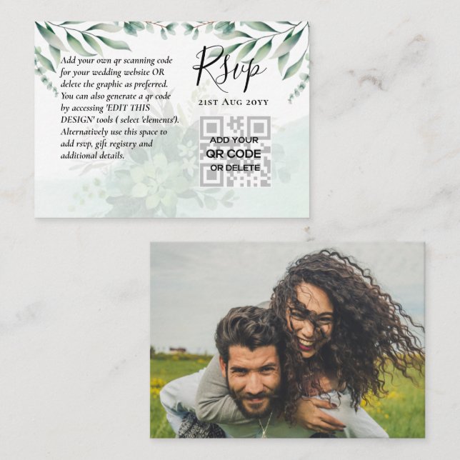Tarjeta De Visita 100 CÓDIGO QR BODA RSVP Greenery PHOTO (Anverso / Reverso)