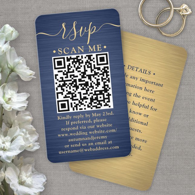 Tarjeta De Visita 100 Pack QR RSVP Boda azul y dorado (Subido por el creador)