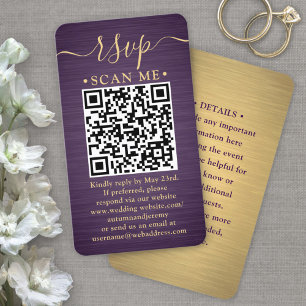 Tarjeta De Visita 100 Pack QR RSVP Boda morado y dorado