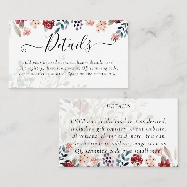 Tarjeta De Visita 100 x detalles del Boda Floral Azul Borgoña Dusty (Anverso / Reverso)