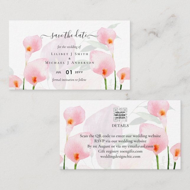 Tarjeta De Visita 100 x MINI Calla Lily Boda Guardar fecha Código QR (Anverso / Reverso)