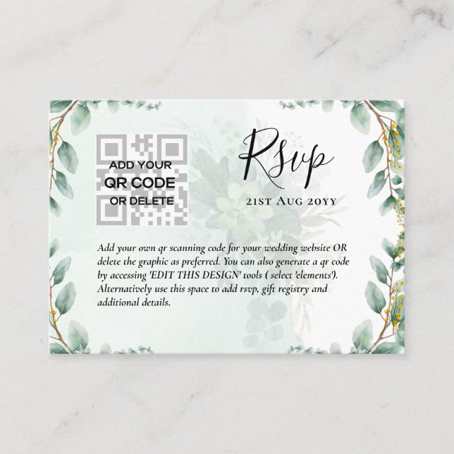 Tarjeta De Visita 100 x QR CODE BODA RSVP Eucalyptus FOTO Presupuest (Anverso)