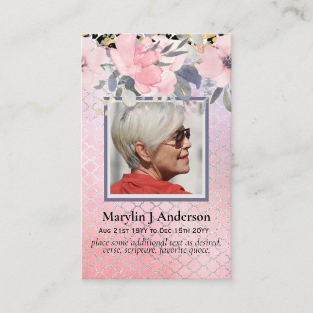 Tarjeta De Visita 100x Presupuesto Pink Floral Photo Memorial Prayer (Anverso)