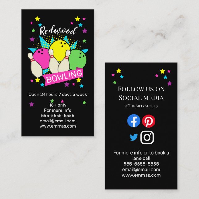 Tarjeta De Visita 10 pines boliche retro neón bolera (Anverso / Reverso)