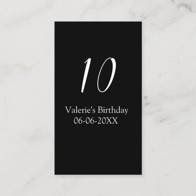Tarjeta De Visita 10th birthday white black name date calligraphy  (Anverso)