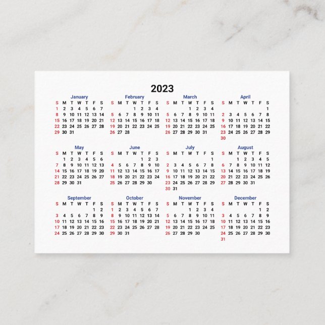 Tarjeta De Visita 2023 Mini Calendario DOMINGO Inicio San Serif Font (Reverso)