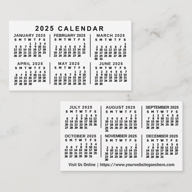 Tarjeta De Visita 2025 Año Calendario mensual Personalizado clásico  (Anverso / Reverso)