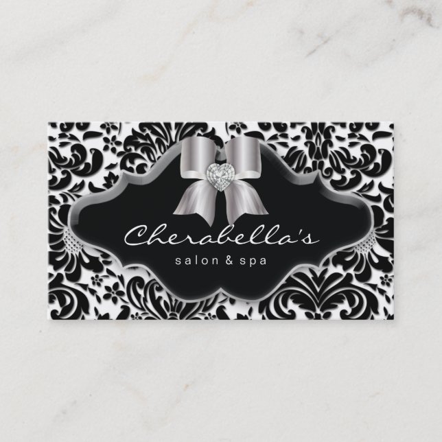 Tarjeta De Visita 232 Salon Spa Silver Bow Jewel Damask (Anverso)