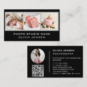 Tarjeta De Visita 3 Fotos QR Code Baby Photographer Black