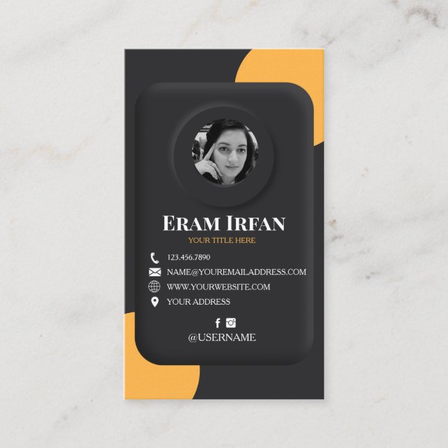 Tarjeta de visita 3D elegante en negro y amarillo (Anverso)
