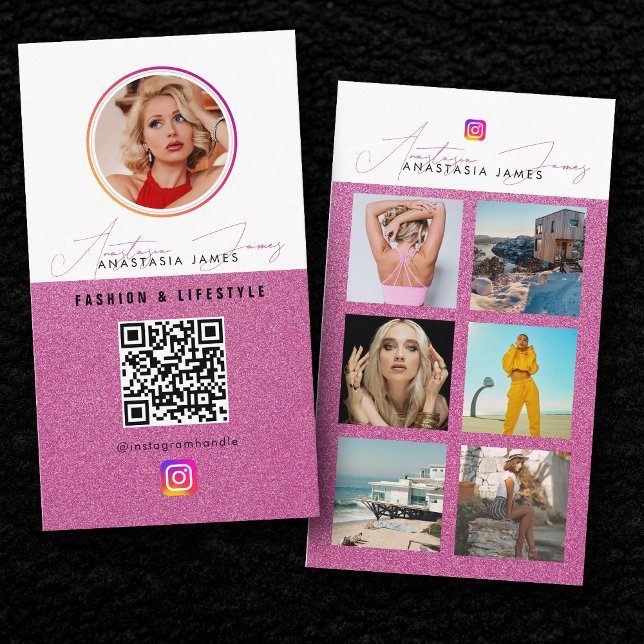 Tarjeta De Visita 6 Fuente de fotos Cuadrícula de medios sociales Có (6 Photo Feed Grid Social Media QR Code Pink Business Card)