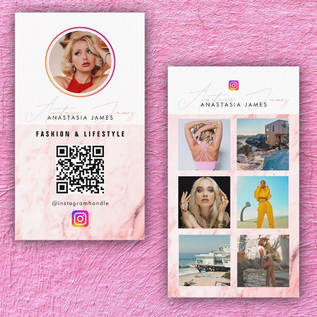 Tarjeta De Visita 6 Fuente de fotos Cuadrícula de medios sociales Có (6 Photo Feed Grid Social Media QR Code Pink Marble Business Card)