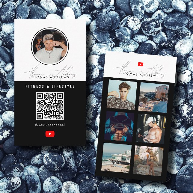 Tarjeta De Visita 6 Fuente de fotos Cuadrícula Vlogger Canal Código  (6 Photo Feed Grid Vlogger Channel QR Code Male Business Card)