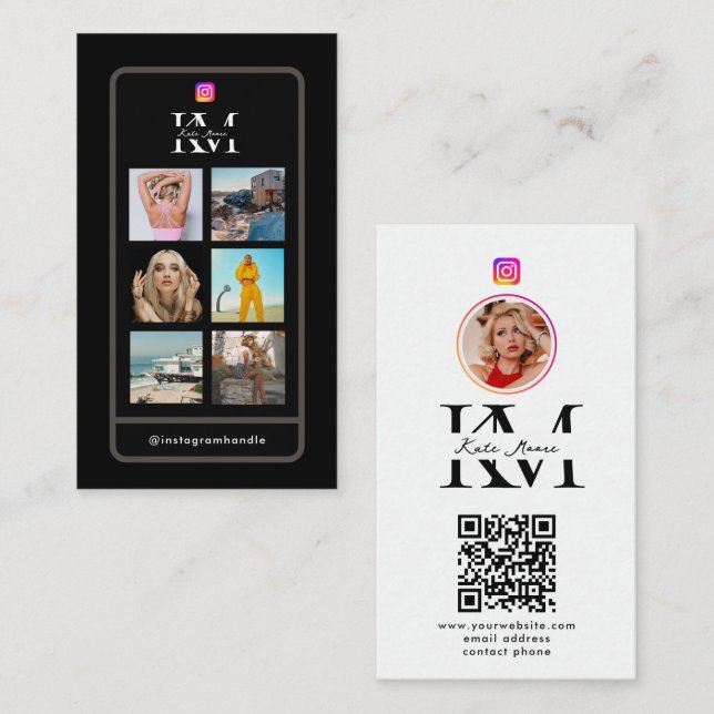 Tarjeta De Visita 6 Photo Collage Influencer Feed Black Monogram (Anverso / Reverso)