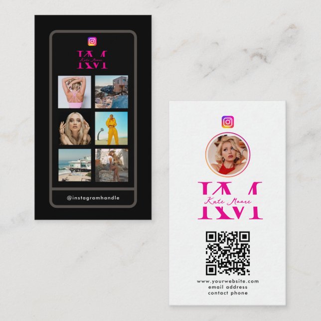 Tarjeta De Visita 6 Photo Collage Influencer Feed Pink Monogram (Anverso / Reverso)