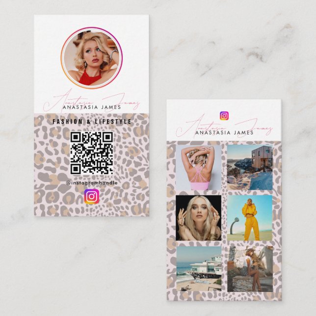 Tarjeta De Visita 6 Photo Grid Social Media QR Code Leopard Print (Anverso / Reverso)