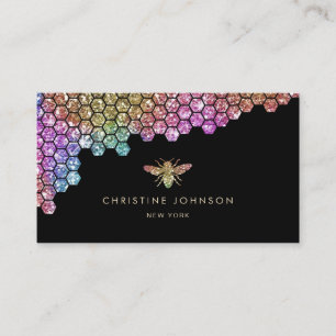 Tarjeta De Visita abeja purpurina de honeycomb faux rainbow en negro