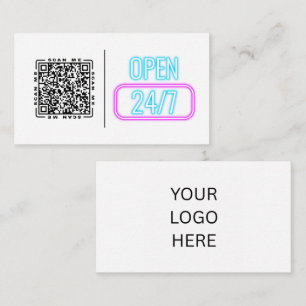 Tarjeta De Visita Abierto 24/7 Neon Código QR y logotipo personali
