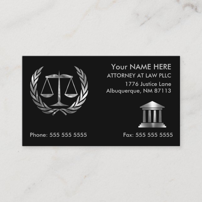 Tarjeta De Visita Abogado de Derecho Negro y Plata (Anverso)