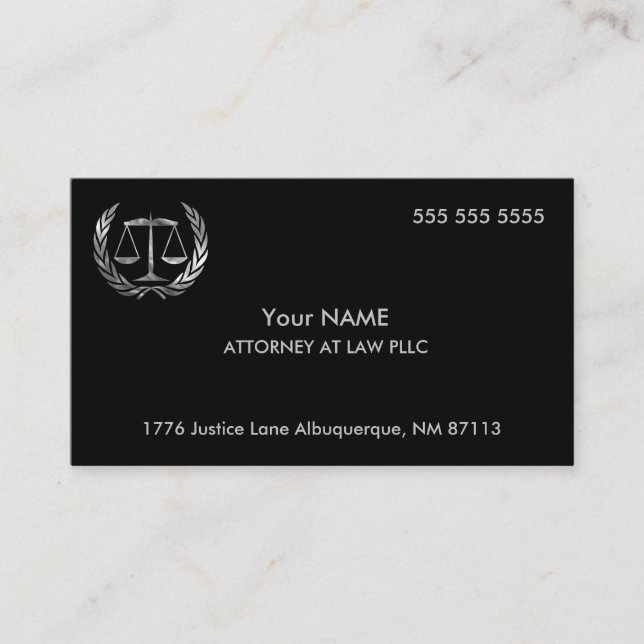 Tarjeta De Visita Abogado de Derecho Negro y Plata (Anverso)