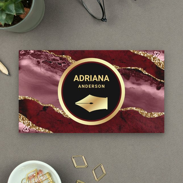 Tarjeta De Visita Abogado del Agriturismo Rojo Borgoña, Gold Pen Nib (Subido por el creador)