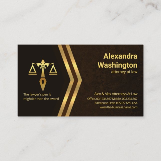 Tarjeta De Visita Abogado elegante de mármol marrón dorado (Anverso)