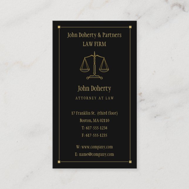 Tarjeta De Visita Abogado | Elegante negro dorado (Anverso)