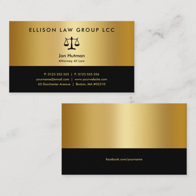 Tarjeta De Visita Abogado | Elegante Profesional Gold Black (Anverso / Reverso)