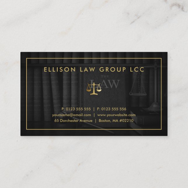 Tarjeta De Visita Abogado | Elegante Profesional Gold Black (Reverso)