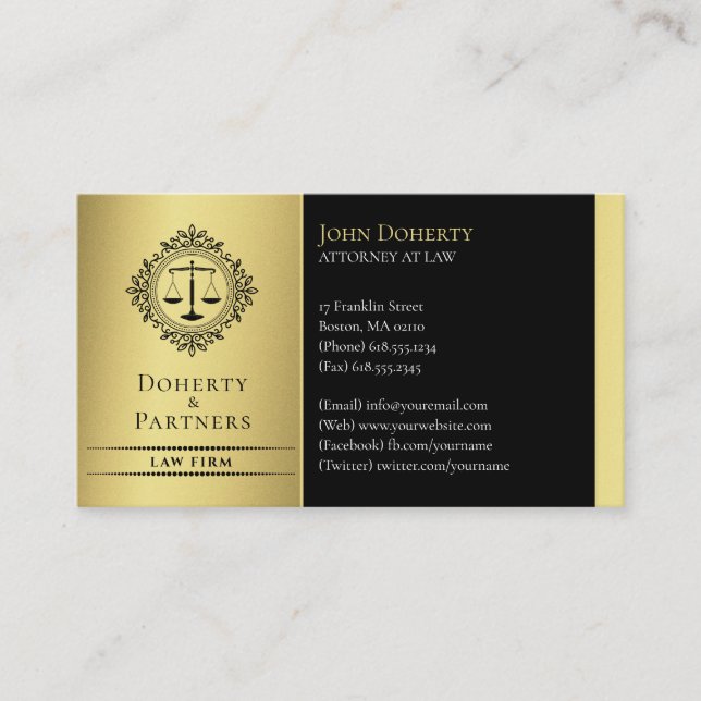 Tarjeta De Visita Abogado | Elegantes escalas de oro negro (Anverso)